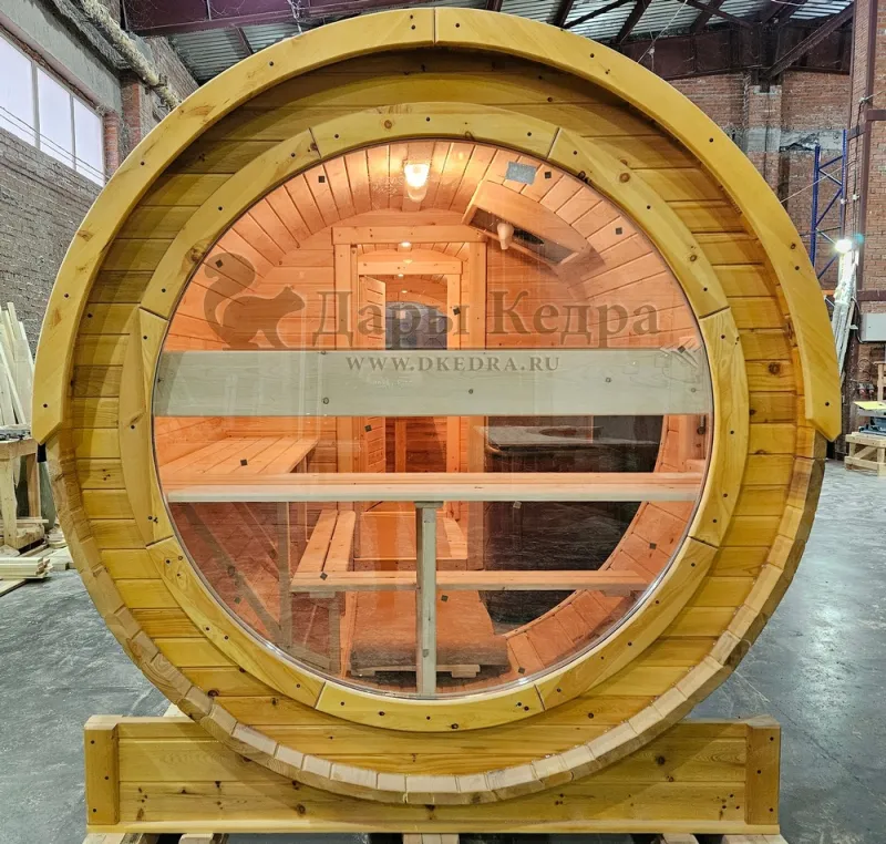 Баня-бочка «Орео» с боковым входом и панорамным окном